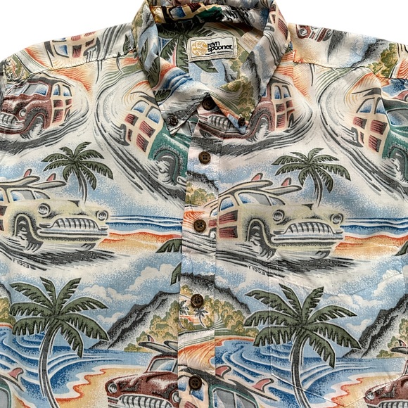 Reyn Spooner Shirt Mens Size L Short Sleeve Hawaiian Eddy Y Car Print Spun Rayon - Picture 3 of 4